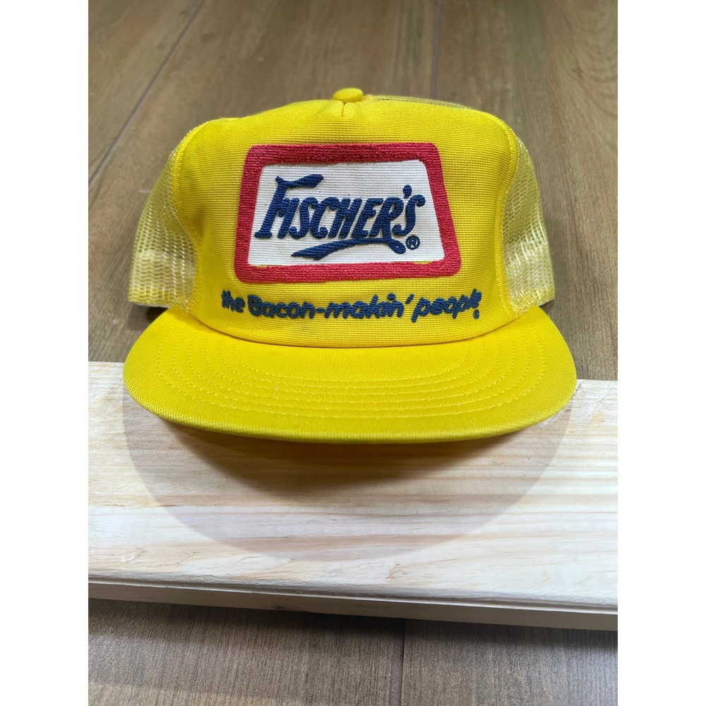 Vintage Fischers Bacon Makin People Trucker Hat Yellow Snapback Adver-Togs USA